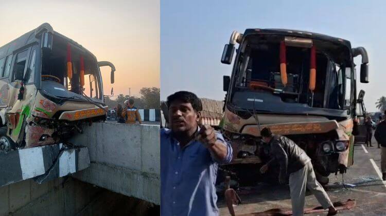 ବ୍ରିଜ ଉପରକୁ ଚଢ଼ିଗଲା ତୀର୍ଥଯାତ୍ରୀ ବସ୍, ଚାଳକଙ୍କ ମୃତ୍ୟୁ, ୧୪ରୁ ଅଧିକ ଆହତ